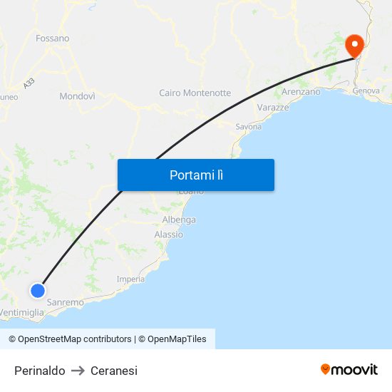 Perinaldo to Ceranesi map