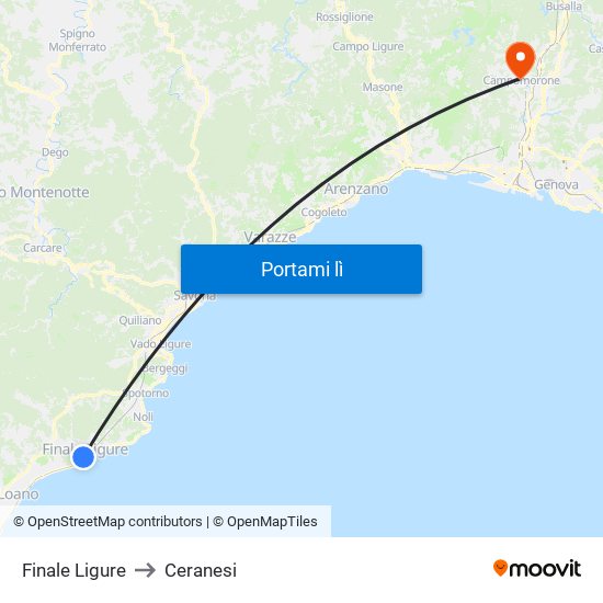 Finale Ligure to Ceranesi map