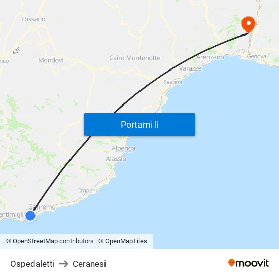 Ospedaletti to Ceranesi map