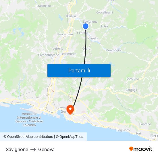 Savignone to Genova map