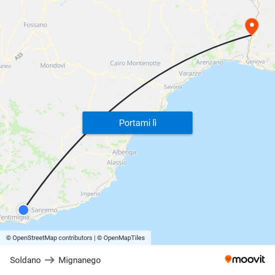 Soldano to Mignanego map