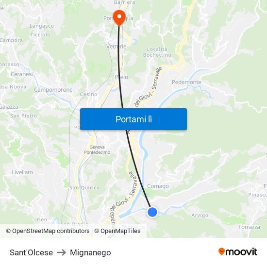 Sant'Olcese to Mignanego map