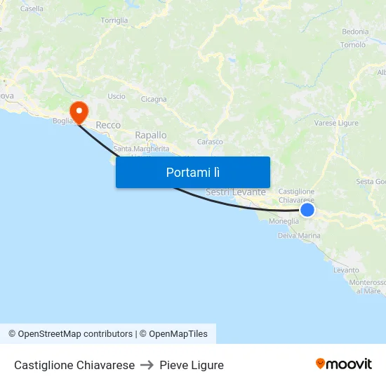 Castiglione Chiavarese to Pieve Ligure map