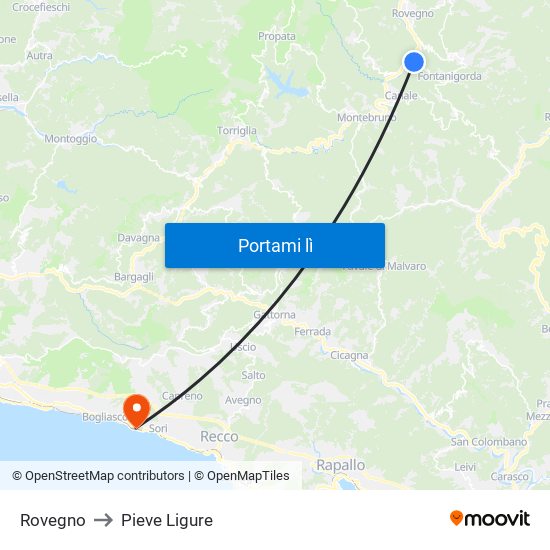 Rovegno to Pieve Ligure map