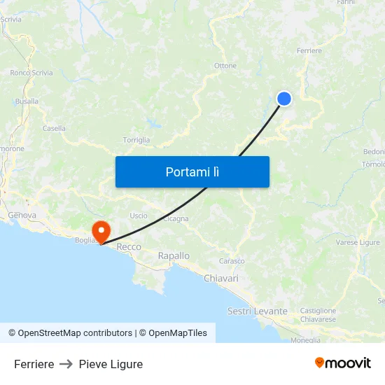 Ferriere to Pieve Ligure map