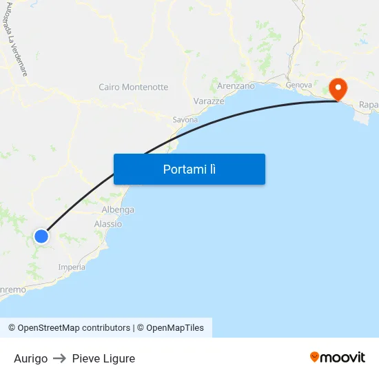 Aurigo to Pieve Ligure map