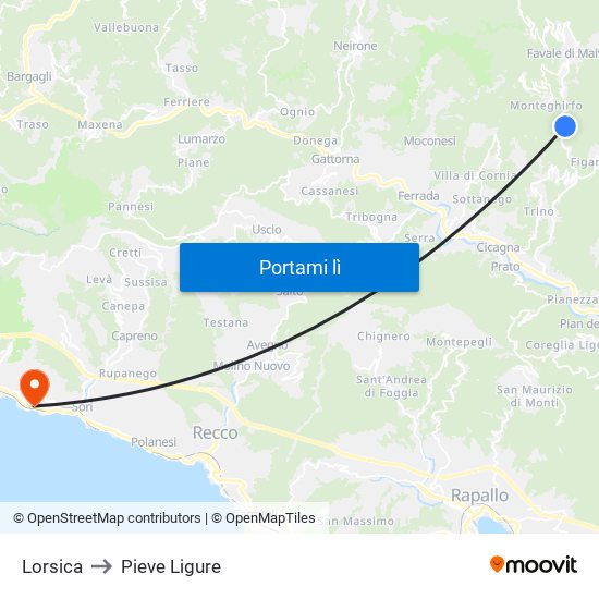 Lorsica to Pieve Ligure map