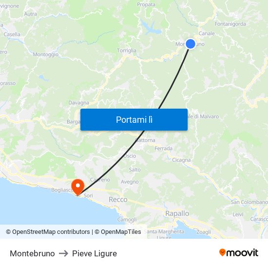 Montebruno to Pieve Ligure map