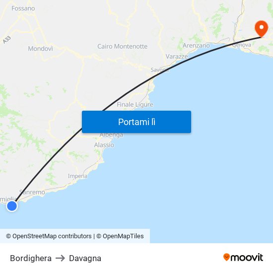 Bordighera to Davagna map