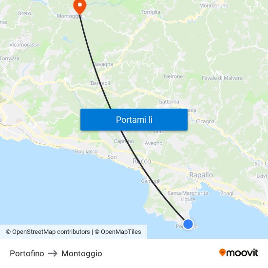 Portofino to Montoggio map
