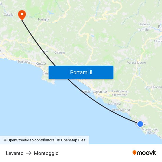 Levanto to Montoggio map