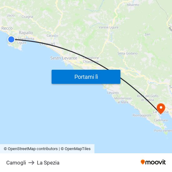 Camogli to La Spezia map