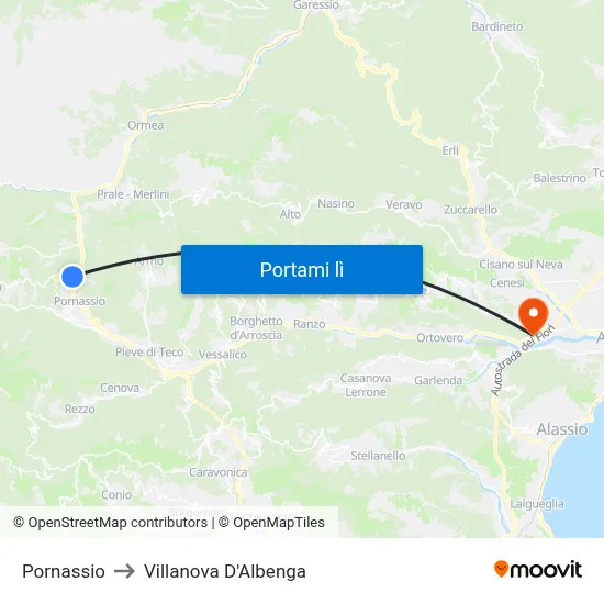 Pornassio to Villanova D'Albenga map