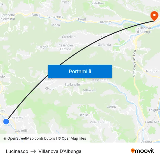 Lucinasco to Villanova D'Albenga map