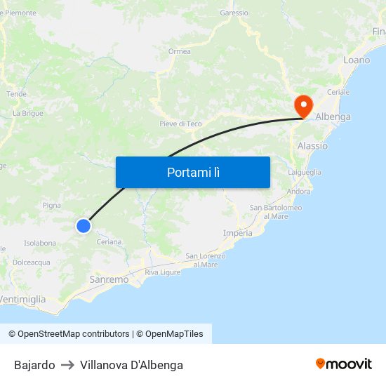 Bajardo to Villanova D'Albenga map