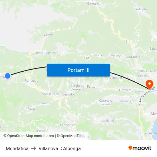 Mendatica to Villanova D'Albenga map