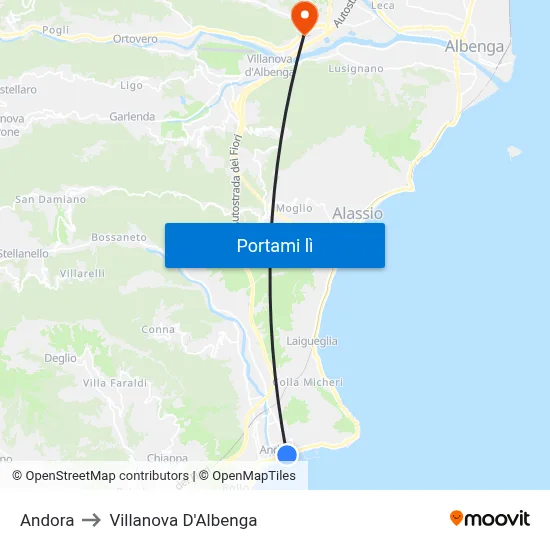 Andora to Villanova D'Albenga map