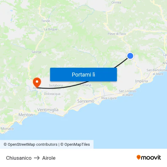 Chiusanico to Airole map