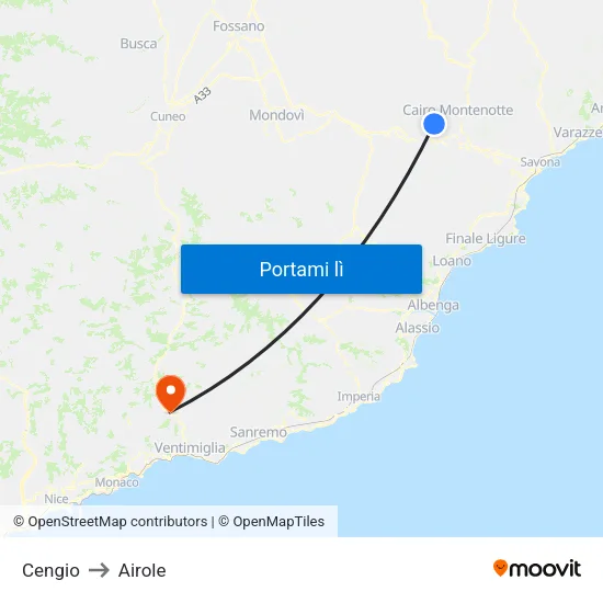 Cengio to Airole map