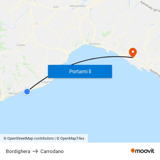 Bordighera to Carrodano map