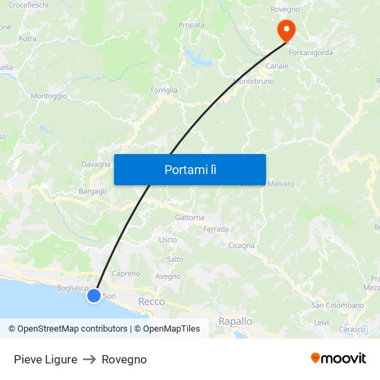 Pieve Ligure to Rovegno map