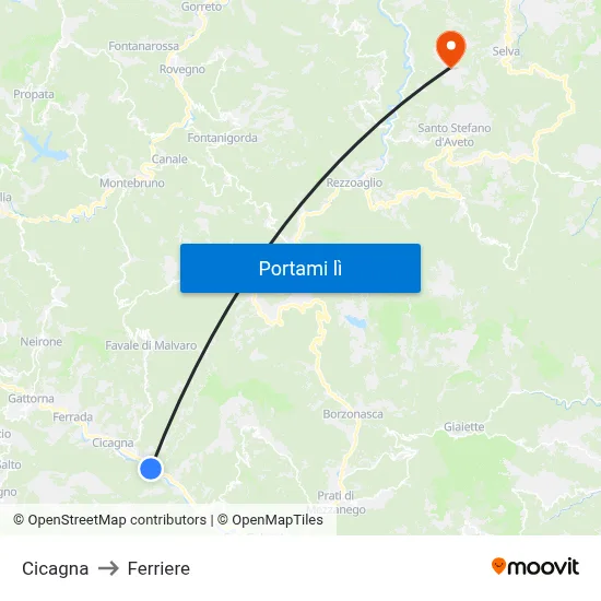 Cicagna to Ferriere map