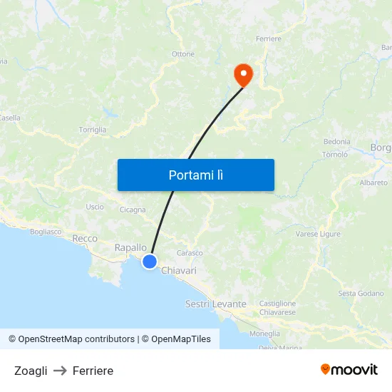 Zoagli to Ferriere map