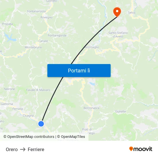 Orero to Ferriere map