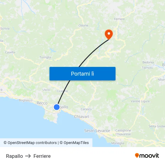 Rapallo to Ferriere map