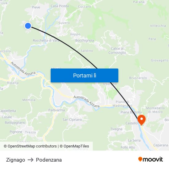 Zignago to Podenzana map