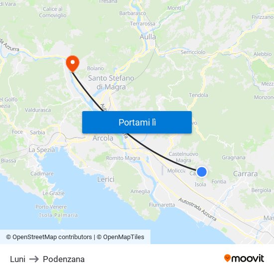 Luni to Podenzana map