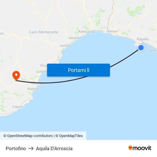 Portofino to Aquila D'Arroscia map