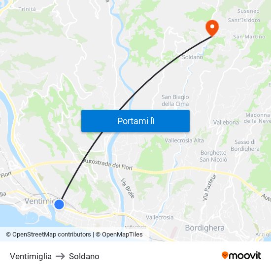 Ventimiglia to Soldano map