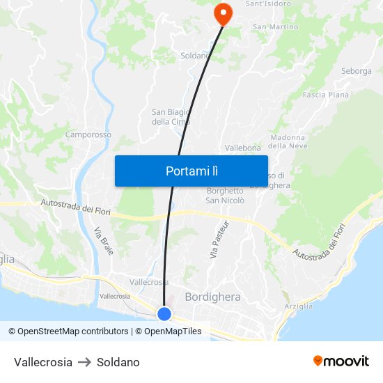 Vallecrosia to Soldano map