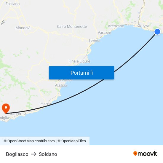Bogliasco to Soldano map