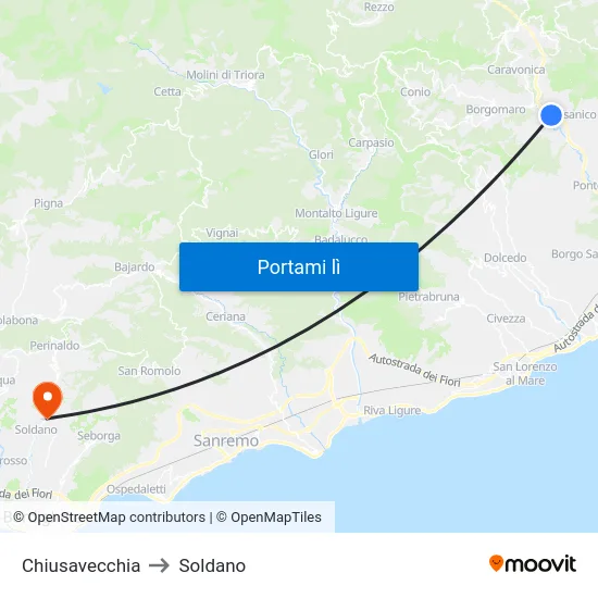 Chiusavecchia to Soldano map