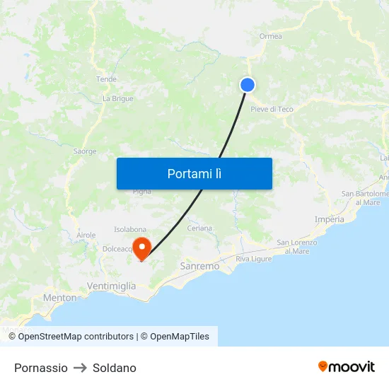 Pornassio to Soldano map