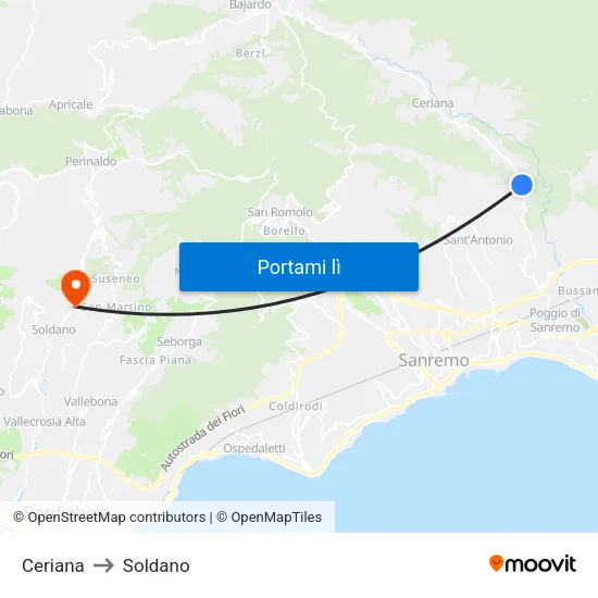 Ceriana to Soldano map