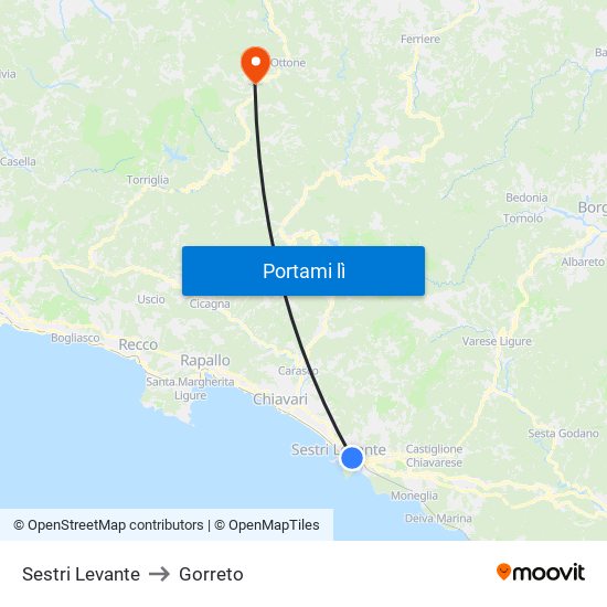 Sestri Levante to Gorreto map