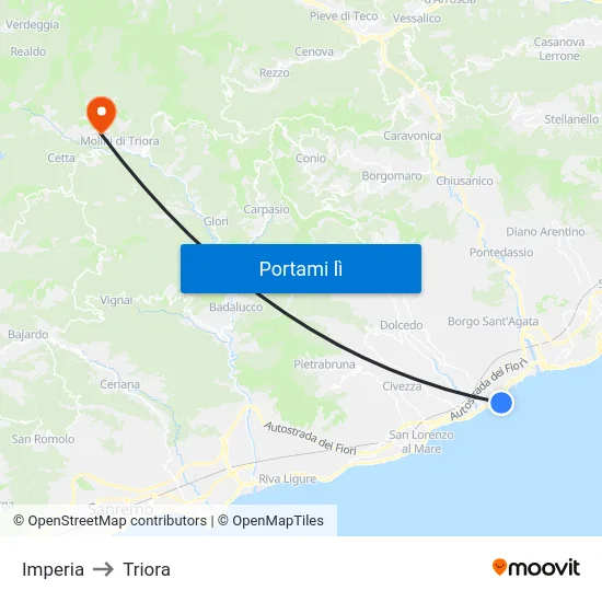 Imperia to Triora map