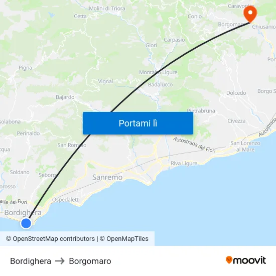 Bordighera to Borgomaro map