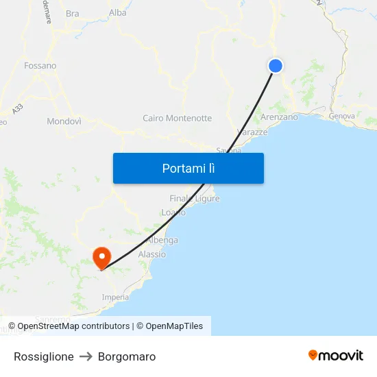Rossiglione to Borgomaro map