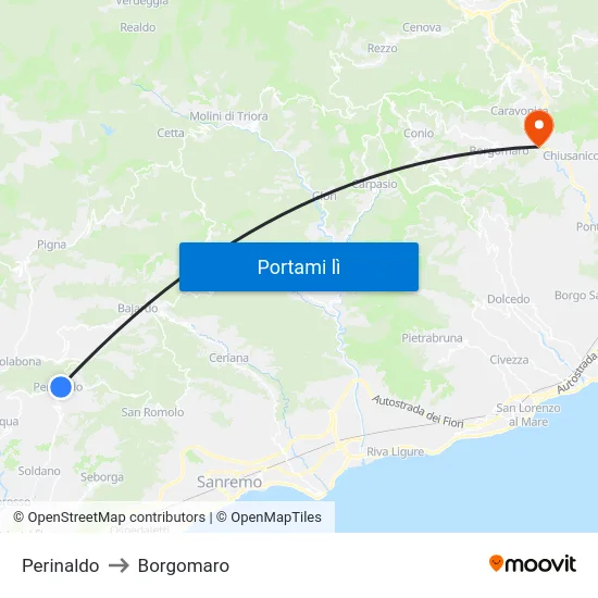 Perinaldo to Borgomaro map
