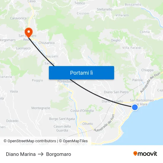 Diano Marina to Borgomaro map