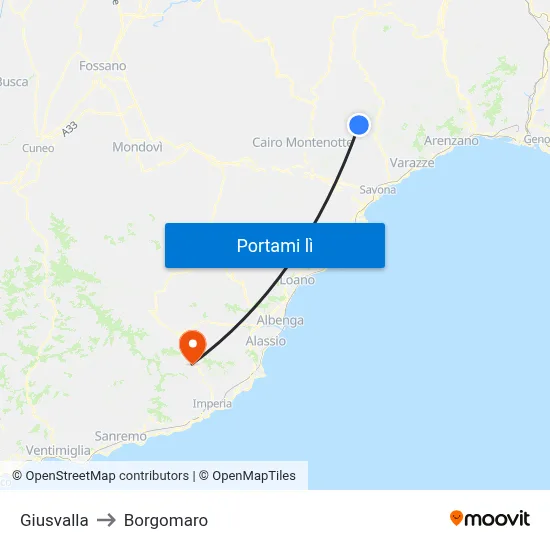 Giusvalla to Borgomaro map