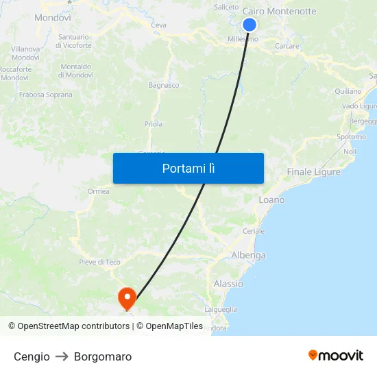 Cengio to Borgomaro map
