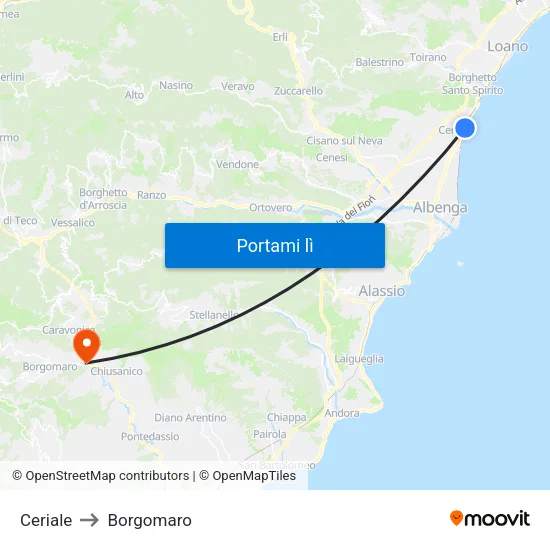 Ceriale to Borgomaro map
