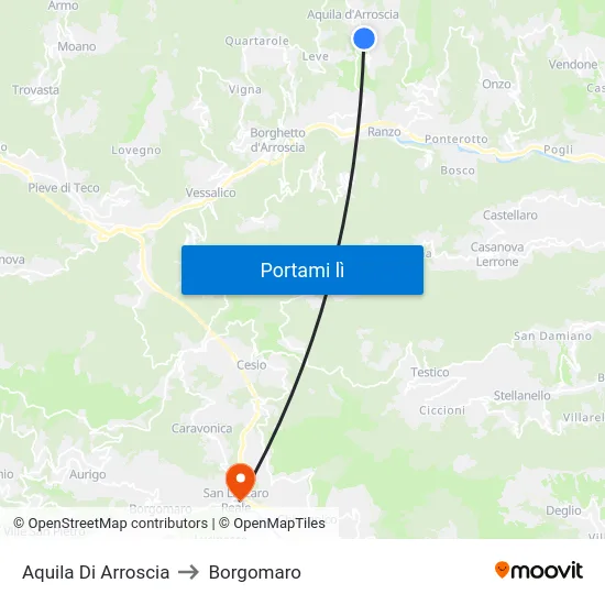 Aquila Di Arroscia to Borgomaro map
