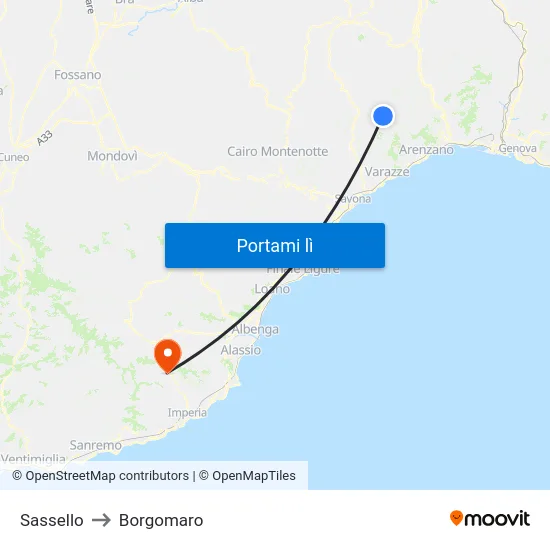 Sassello to Borgomaro map
