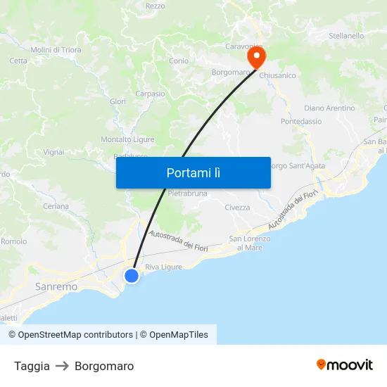 Taggia to Borgomaro map